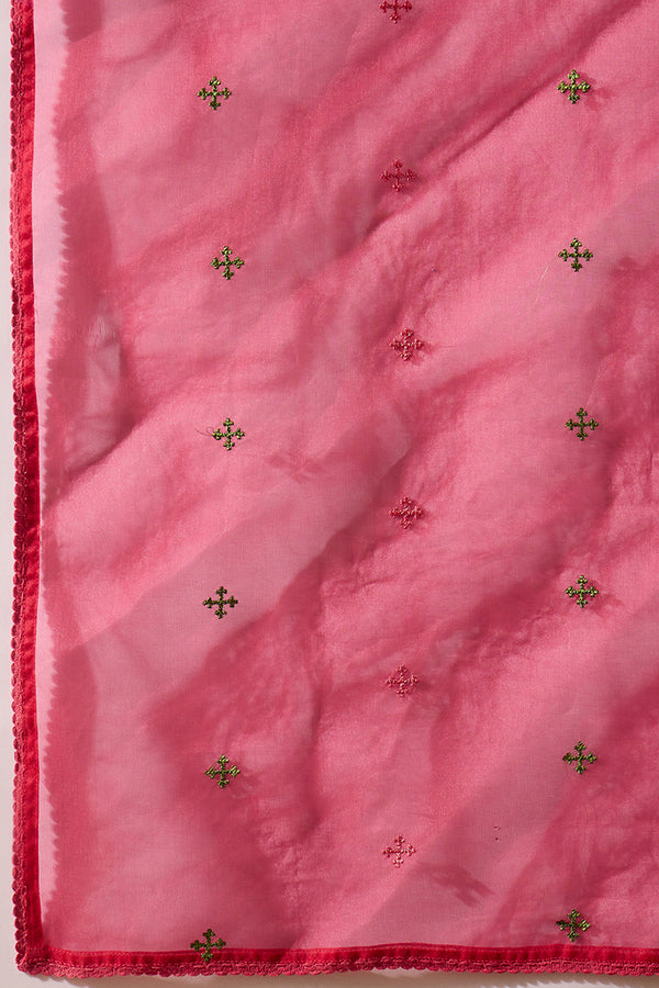 Pink Silk Blend Embroidered A-Line Kurta Trousers With Dupatta HOPPKSKD2934