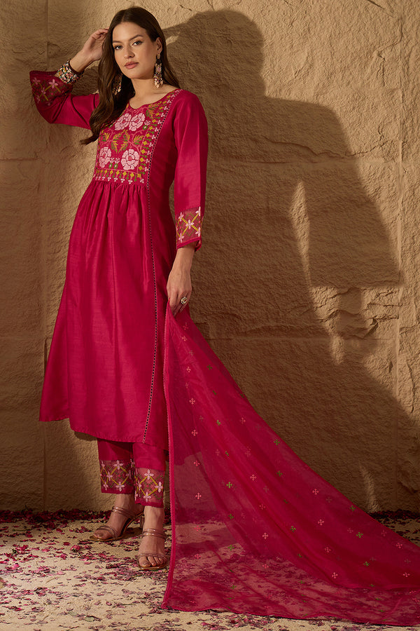 Pink Silk Blend Embroidered A-Line Kurta Trousers With Dupatta HOPPKSKD2934