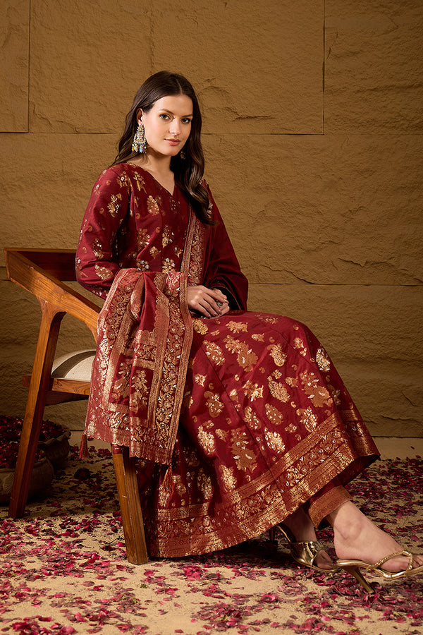 Maroon Chanderi Woven design Anarkali Kurta Trouser with Dupatta HPKSKD2936