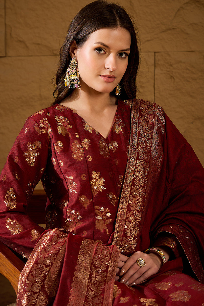 Maroon Chanderi Woven design Anarkali Kurta Trouser with Dupatta HPKSKD2936