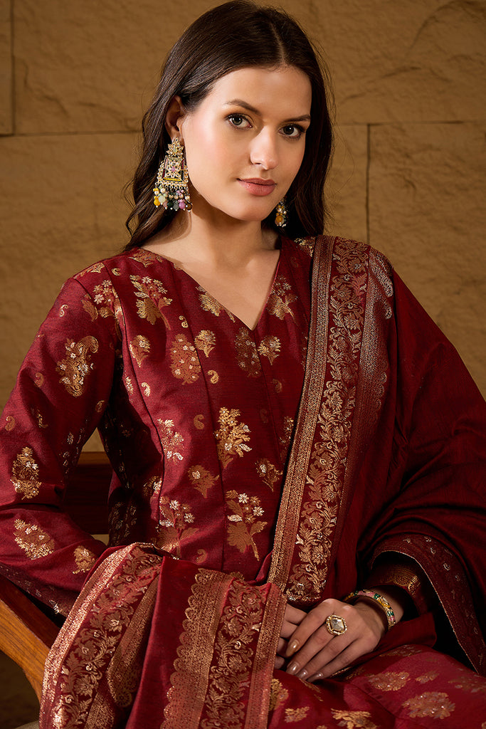 Maroon Chanderi Woven design Anarkali Kurta Trouser with Dupatta HPKSKD2936