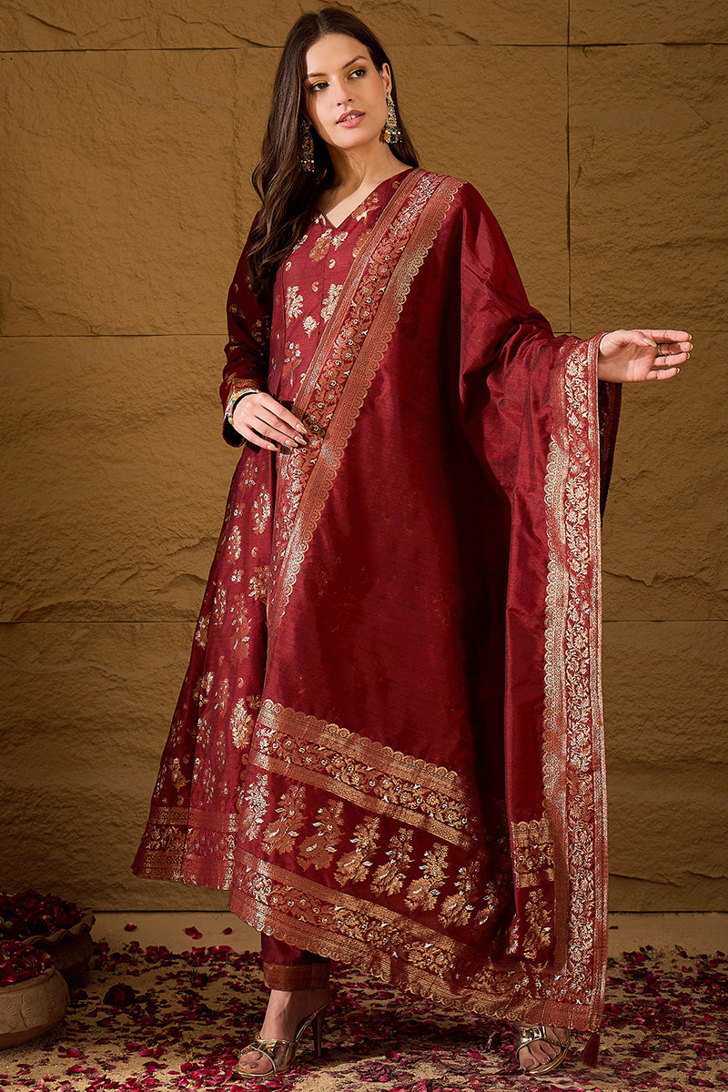 Maroon Chanderi Woven design Anarkali Kurta Trouser with Dupatta HPKSKD2936