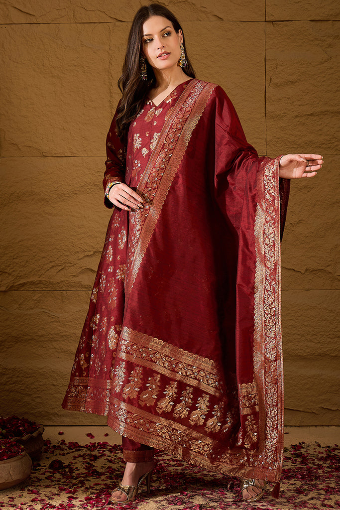 Maroon Chanderi Woven design Anarkali Kurta Trouser with Dupatta HPKSKD2936