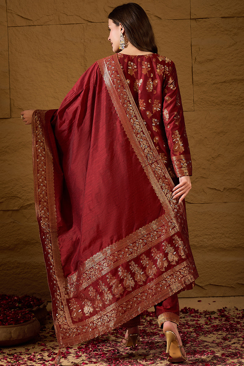 Maroon Chanderi Woven design Anarkali Kurta Trouser with Dupatta HPKSKD2936