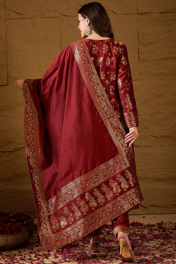 Maroon Chanderi Woven design Anarkali Kurta Trouser with Dupatta HPKSKD2936