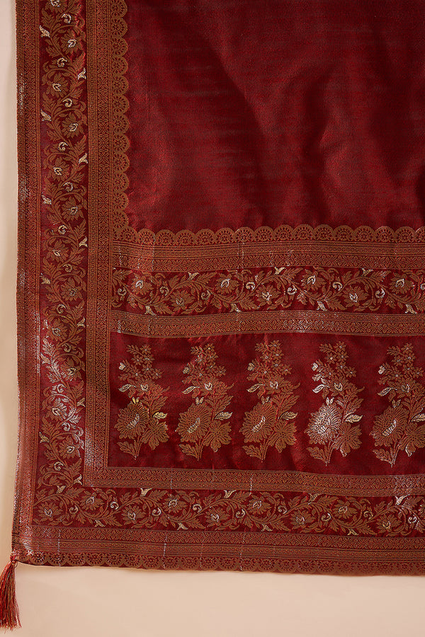 Maroon Chanderi Woven design Anarkali Kurta Trouser with Dupatta HPKSKD2936
