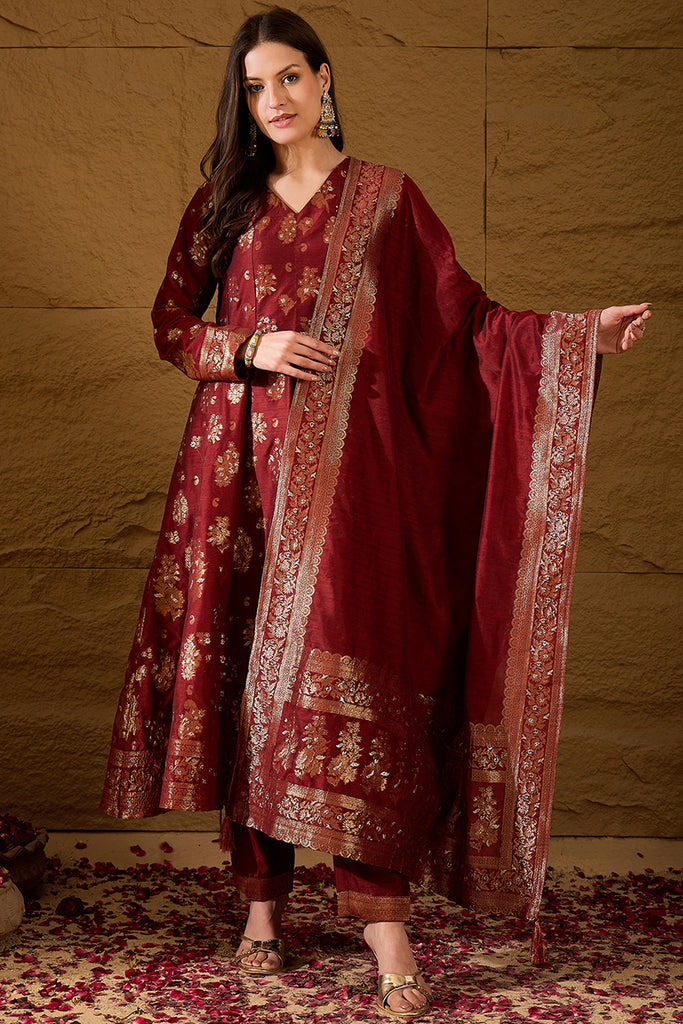 Maroon Chanderi Woven design Anarkali Kurta Trouser with Dupatta HPKSKD2936