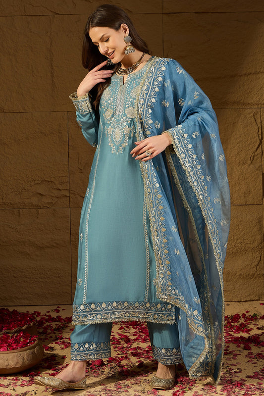 Blue Silk Blend Solid Embroidered Straight Kurta Trousers With Dupatta PKSKD2937