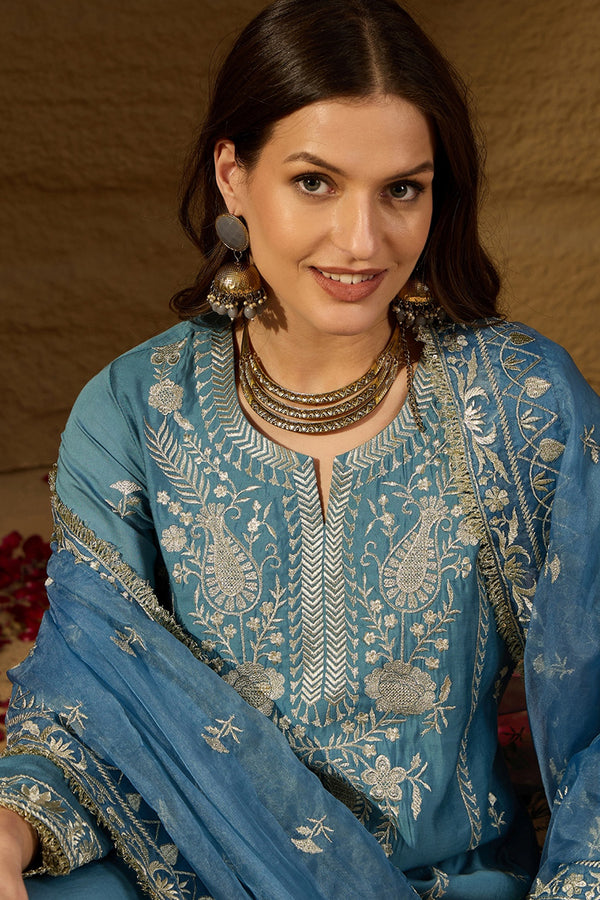 Blue Silk Blend Solid Embroidered Straight Kurta Trousers With Dupatta PKSKD2937