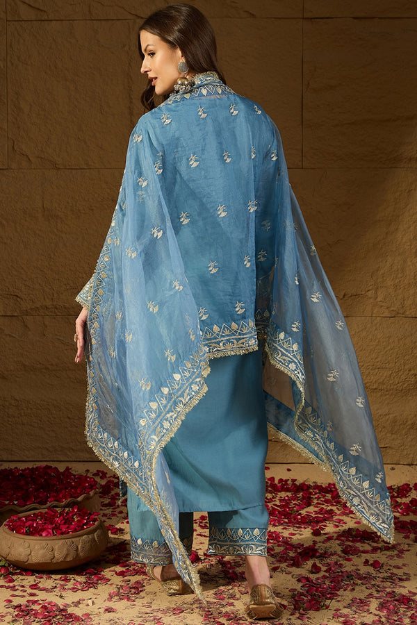 Blue Silk Blend Solid Embroidered Straight Kurta Trousers With Dupatta PKSKD2937