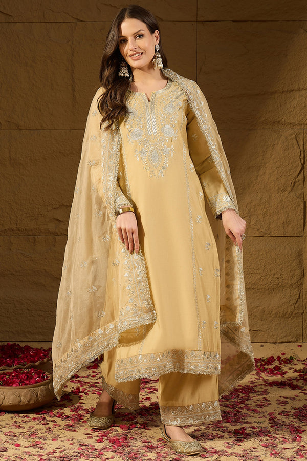 Yellow Silk Blend Solid Embroidered Straight Kurta Trousers With Dupatta PKSKD2938