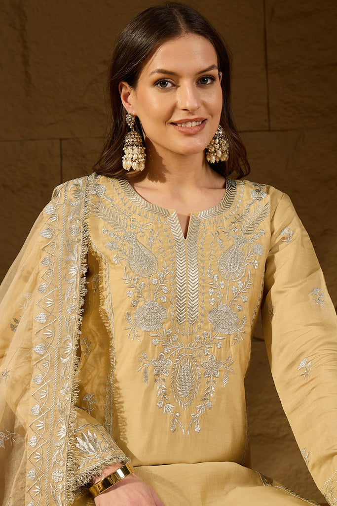 Yellow Silk Blend Solid Embroidered Straight Kurta Trousers With Dupatta PKSKD2938