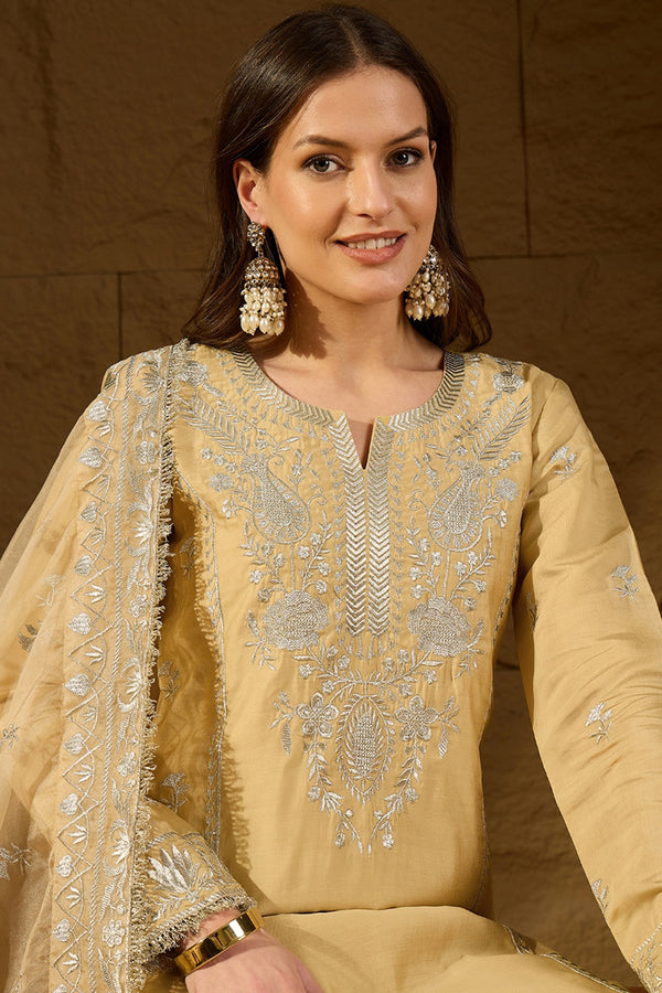 Yellow Silk Blend Solid Embroidered Straight Kurta Trousers With Dupatta PKSKD2938