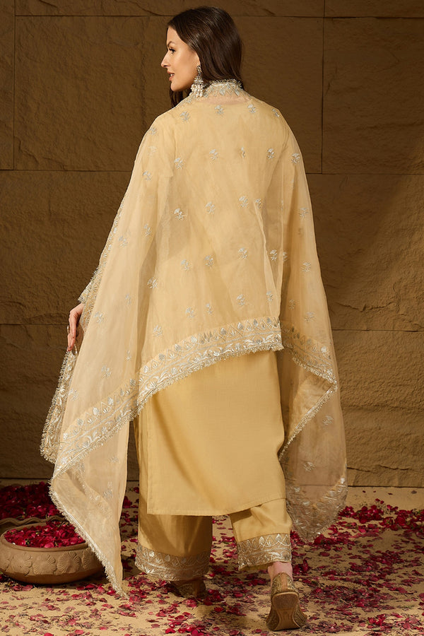 Yellow Silk Blend Solid Embroidered Straight Kurta Trousers With Dupatta PKSKD2938