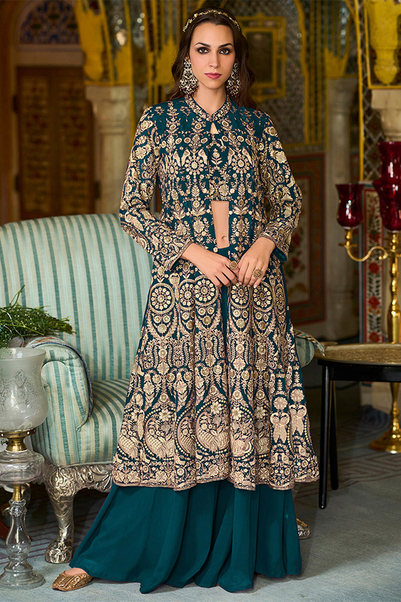 Teal Poly Georgette Embroidered Straighit Top Sharara With Shrug PKSKD2942
