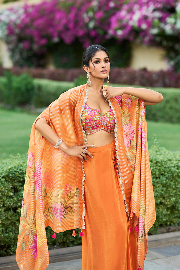 Orange Silk Blend Embroidered Straighit Top Skirt With Shrug PKSKD2952