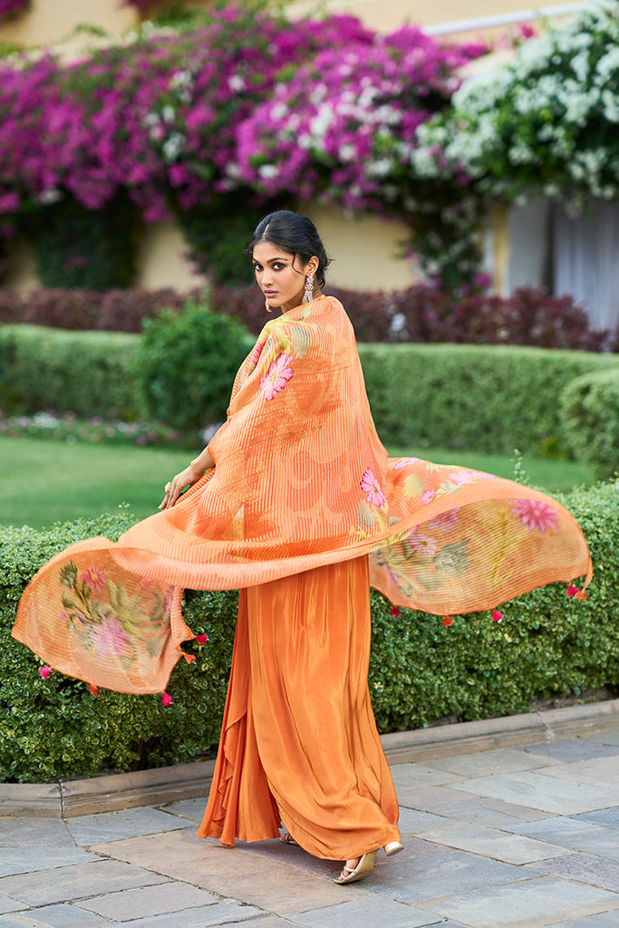 Orange Silk Blend Embroidered Straighit Top Skirt With Shrug PKSKD2952