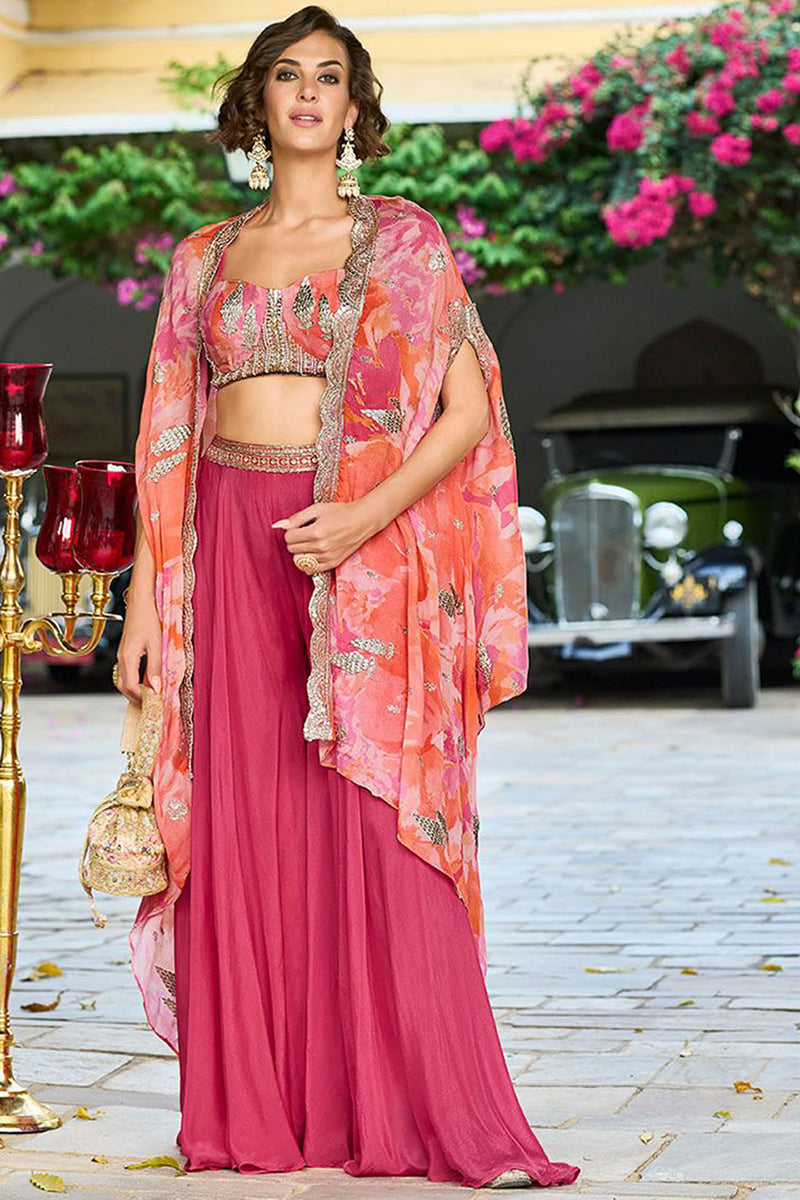 Pink Silk Blend Embroidered Straighit Top Skirt With Shrug PKSKD2953