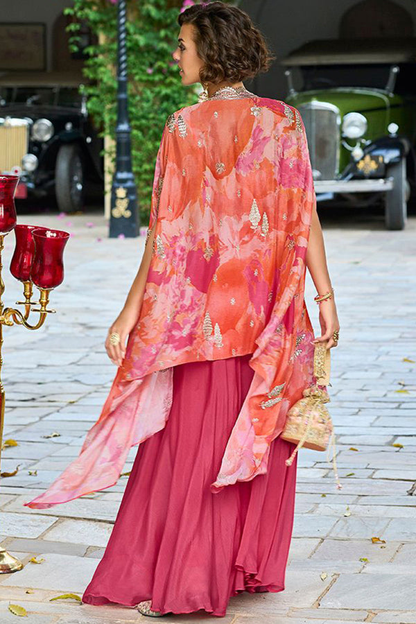 Pink Silk Blend Embroidered Straighit Top Skirt With Shrug PKSKD2953