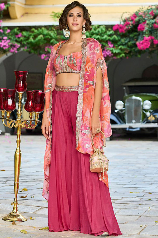 Pink Silk Blend Embroidered Straighit Top Skirt With Shrug PKSKD2953