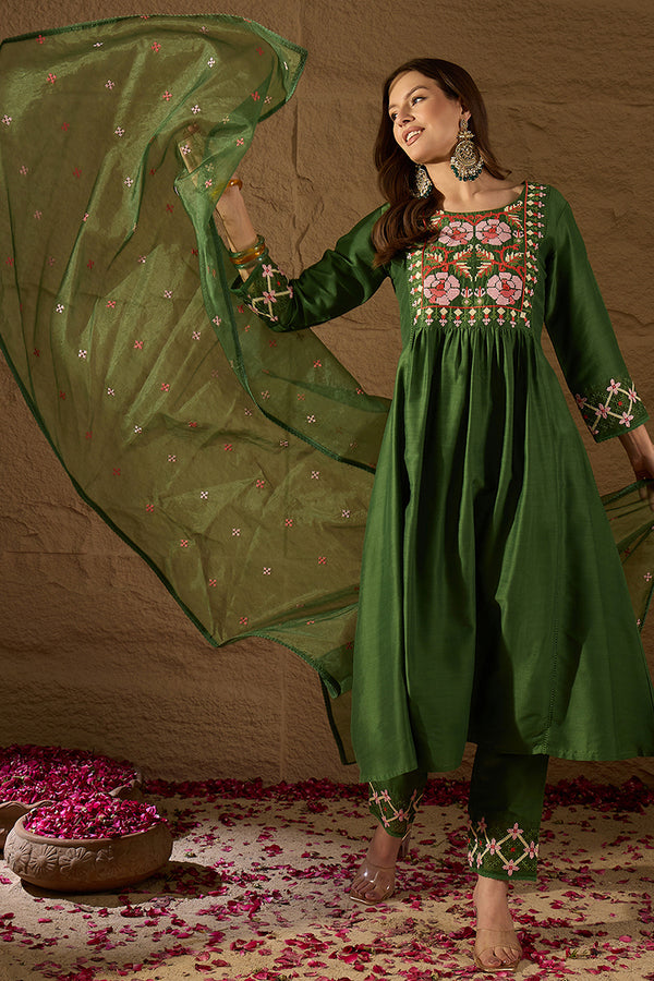 Green Silk Blend Solid Embroidered Straight Kurta Trouser and Dupatta PKSKD2982