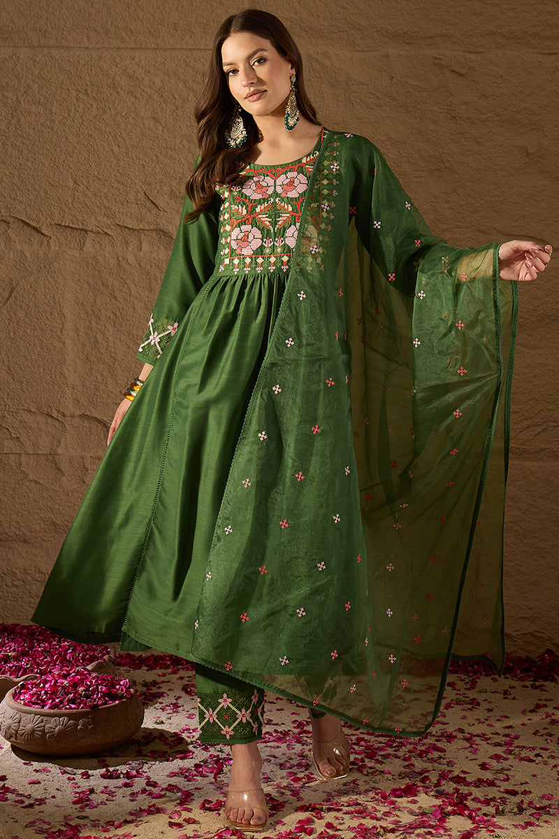 Green Silk Blend Solid Embroidered Straight Kurta Trouser and Dupatta PKSKD2982