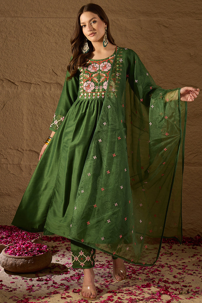 Green Silk Blend Solid Embroidered Straight Kurta Trouser and Dupatta PKSKD2982