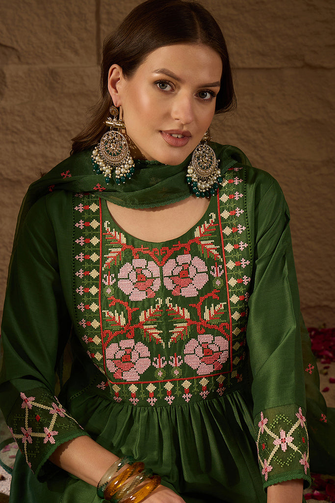 Green Silk Blend Solid Embroidered Straight Kurta Trouser and Dupatta PKSKD2982