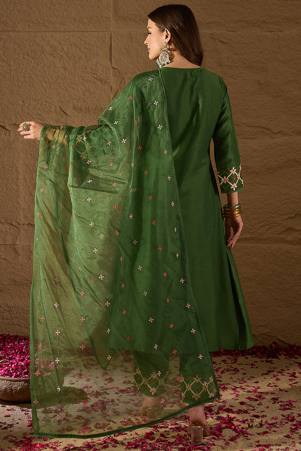 Green Silk Blend Solid Embroidered Straight Kurta Trouser and Dupatta PKSKD2982