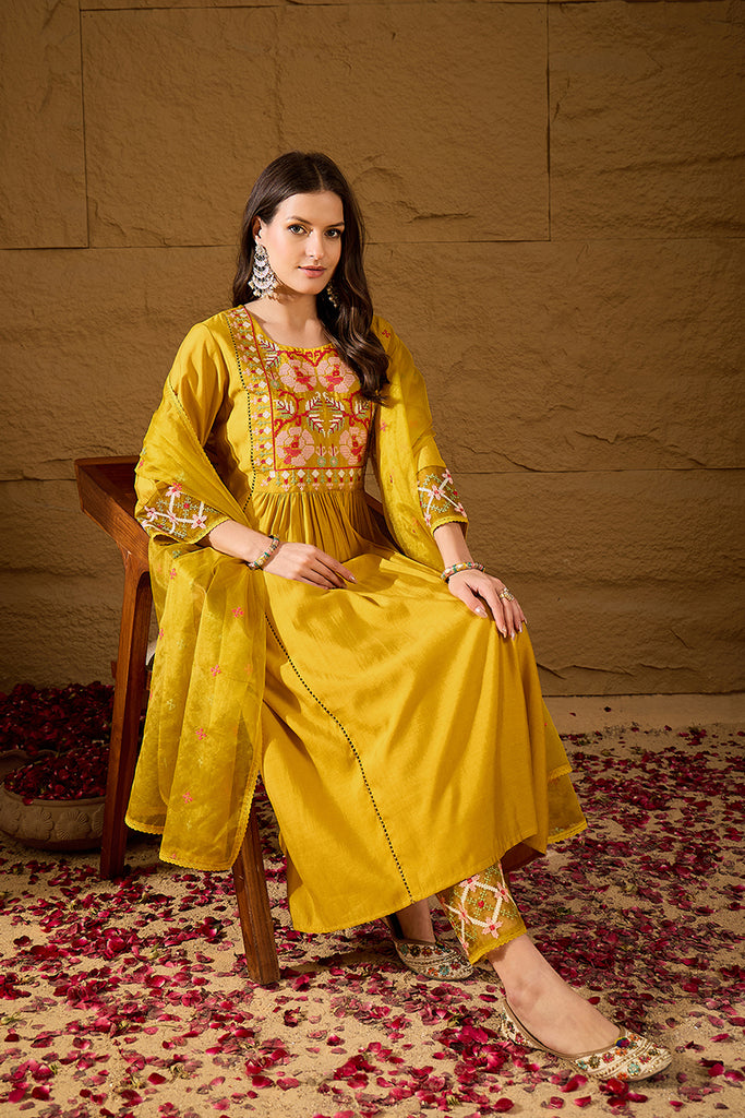 Yellow Silk Blend Embroidered A-Line Kurta Trousers With Dupatta HOPPKSKD2983