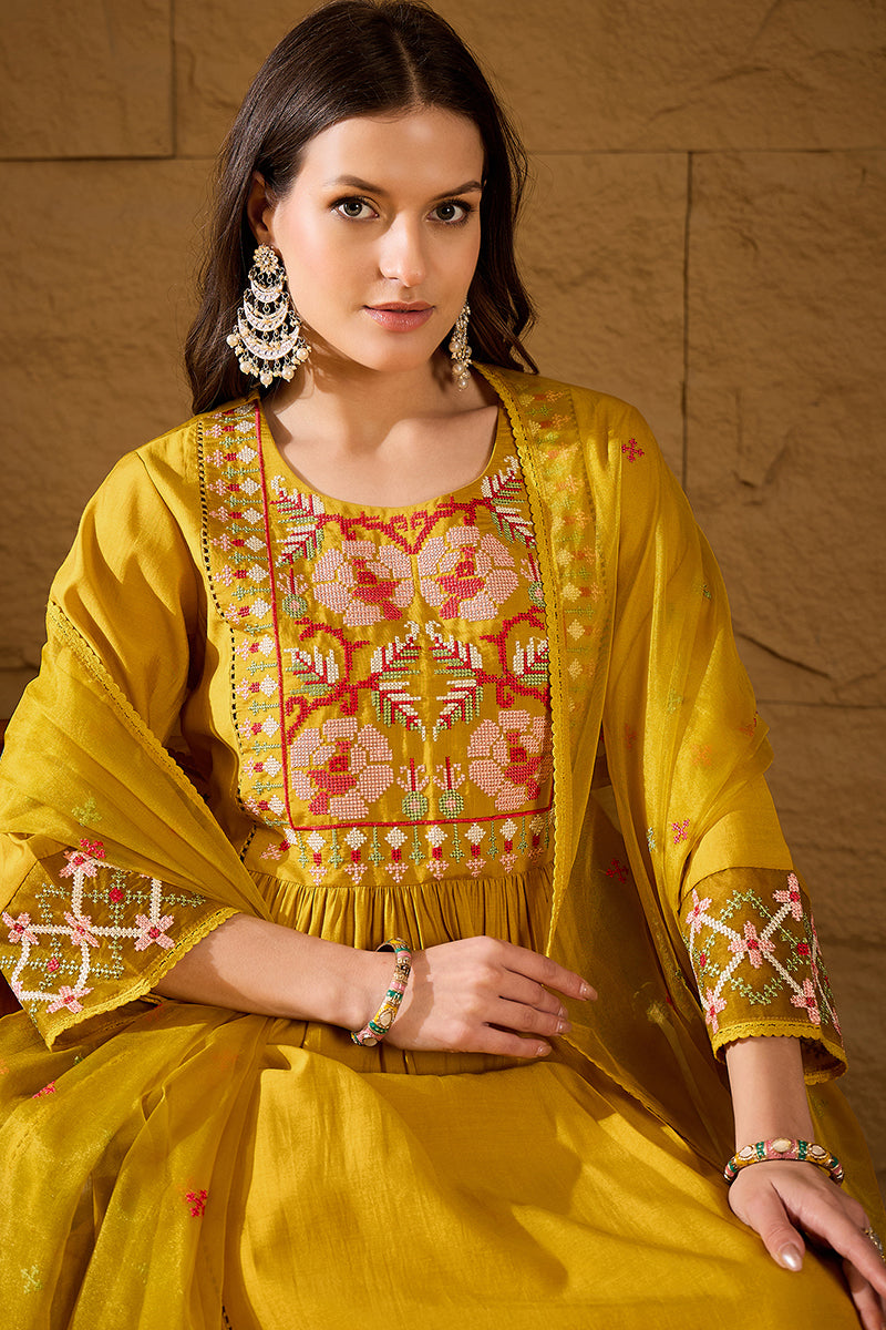 Yellow Silk Blend Embroidered A-Line Kurta Trousers With Dupatta HOPPKSKD2983