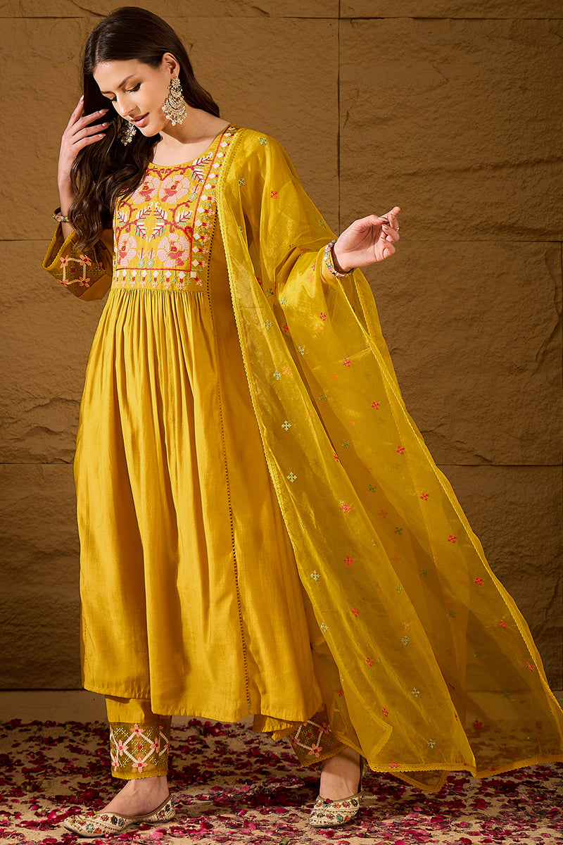 Yellow Silk Blend Embroidered A-Line Kurta Trousers With Dupatta HOPPKSKD2983