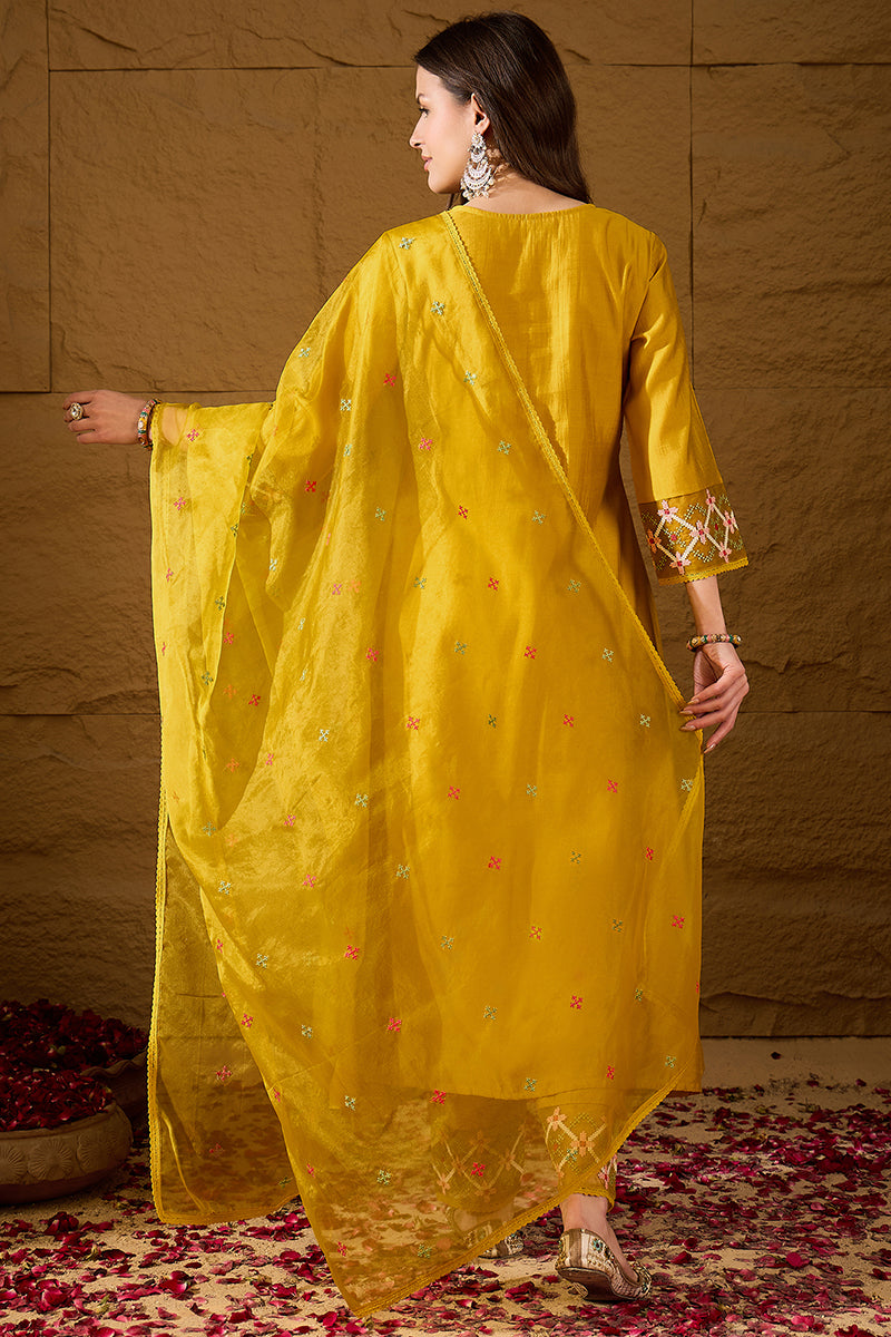Yellow Silk Blend Embroidered A-Line Kurta Trousers With Dupatta HOPPKSKD2983