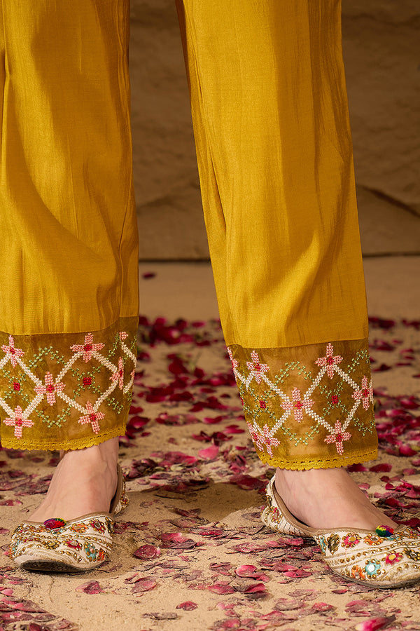 Yellow Silk Blend Embroidered A-Line Kurta Trousers With Dupatta HOPPKSKD2983