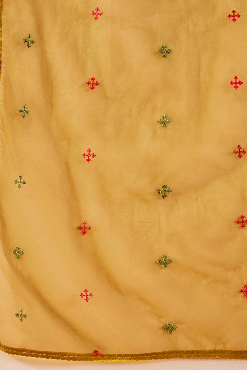 Yellow Silk Blend Embroidered A-Line Kurta Trousers With Dupatta HOPPKSKD2983