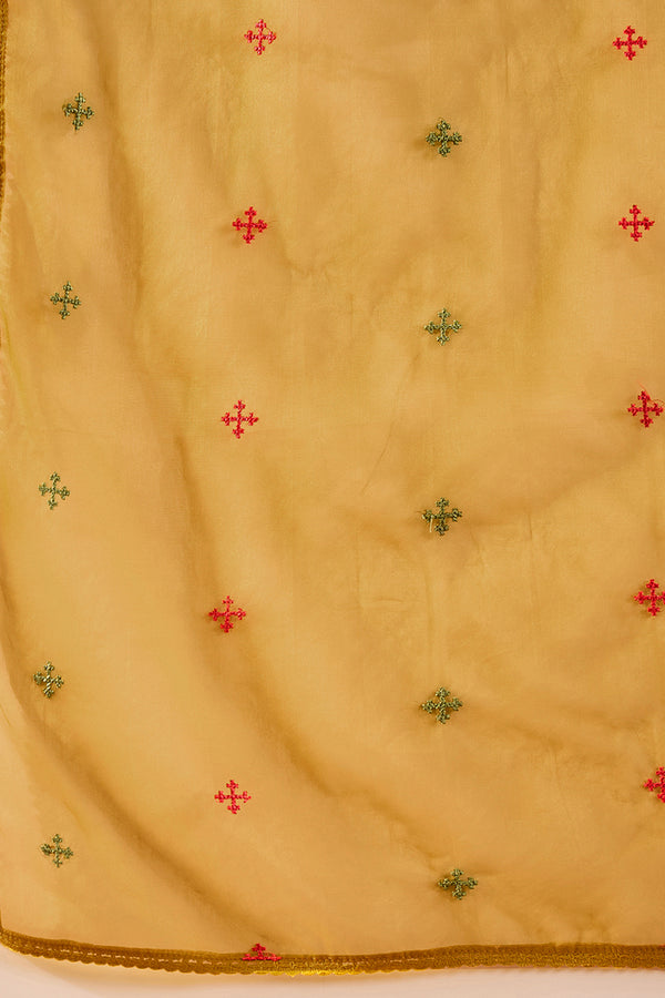 Yellow Silk Blend Embroidered A-Line Kurta Trousers With Dupatta HOPPKSKD2983