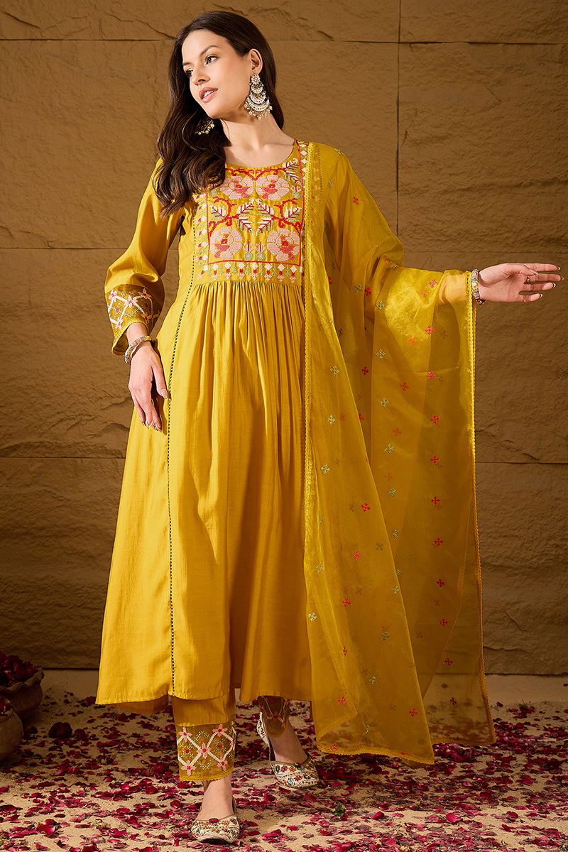 Yellow Silk Blend Embroidered A-Line Kurta Trousers With Dupatta HOPPKSKD2983