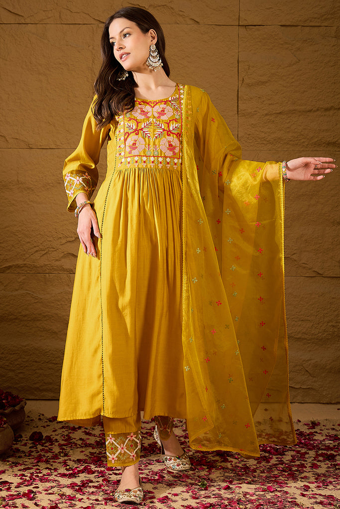 Yellow Silk Blend Embroidered A-Line Kurta Trousers With Dupatta HOPPKSKD2983