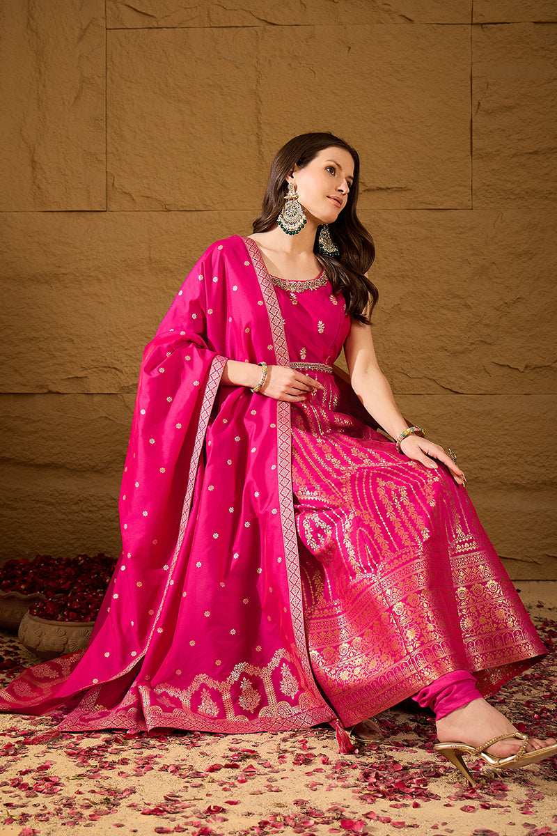 Pink Silk Blend Woven Design Anarkali Kurta Churidar with Dupatta HPKSKD3018