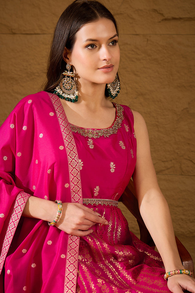 Pink Silk Blend Woven Design Anarkali Kurta Churidar with Dupatta HPKSKD3018