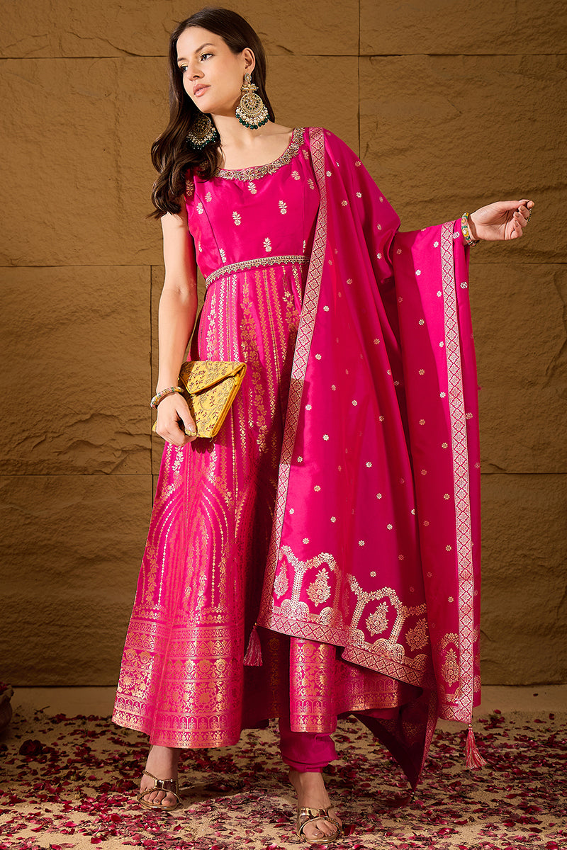 Pink Silk Blend Woven Design Anarkali Kurta Churidar with Dupatta HPKSKD3018