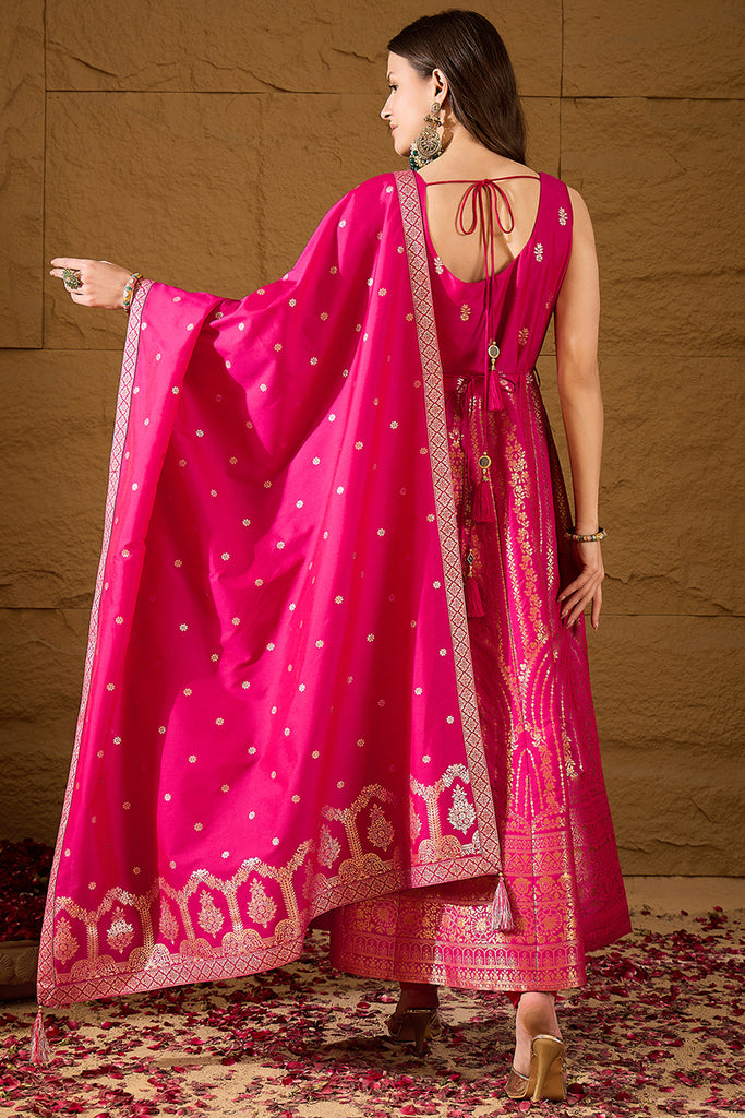 Pink Silk Blend Woven Design Anarkali Kurta Churidar with Dupatta HPKSKD3018