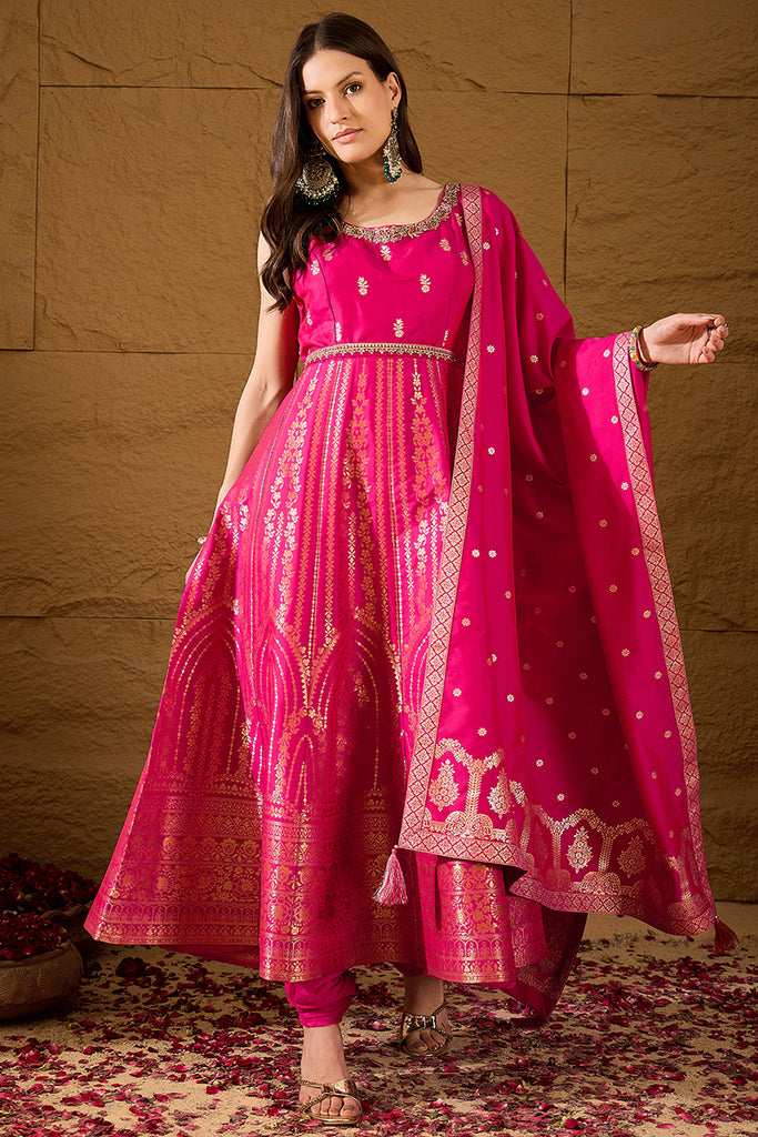 Pink Silk Blend Woven Design Anarkali Kurta Churidar with Dupatta HPKSKD3018
