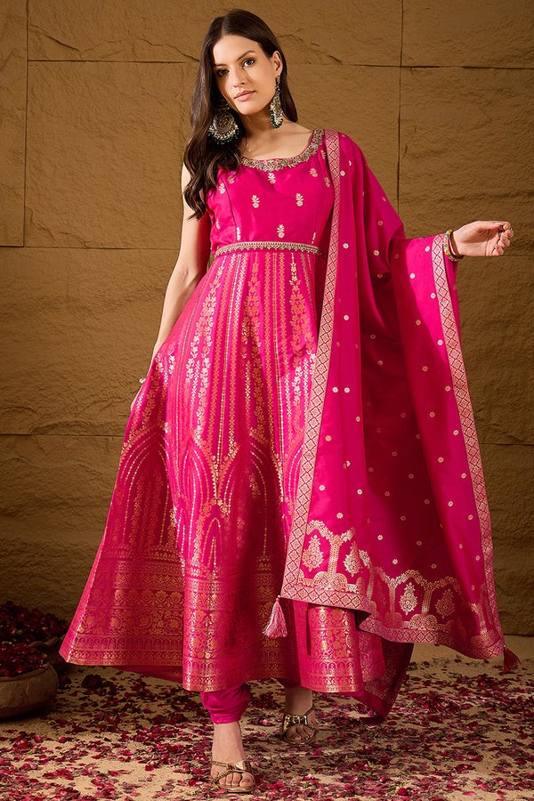 Pink Silk Blend Woven Design Anarkali Kurta Churidar with Dupatta HPKSKD3018