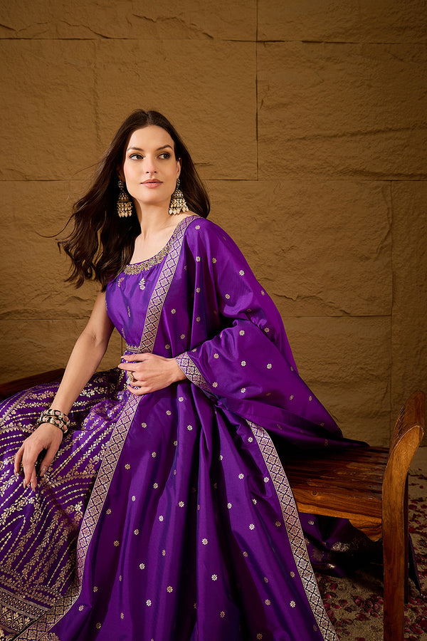 Purple Silk Blend Solid Woven Design Anarkali Kurta Churidar With Dupatta PKSKD3021