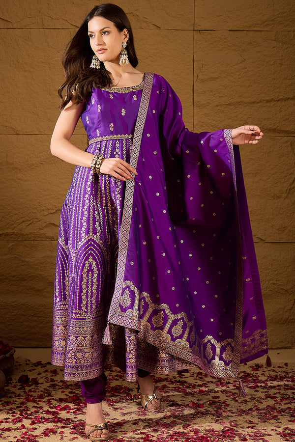 Purple Silk Blend Solid Woven Design Anarkali Kurta Trousers With Dupatta PKSKD3021