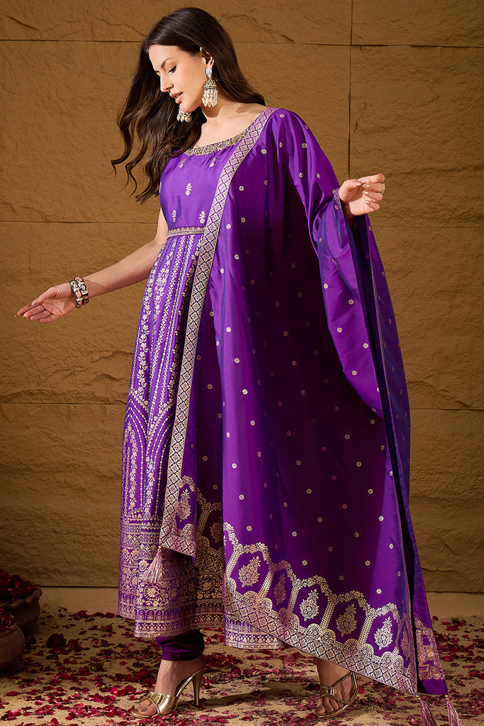 Purple Silk Blend Solid Woven Design Anarkali Kurta Trousers With Dupatta PKSKD3021