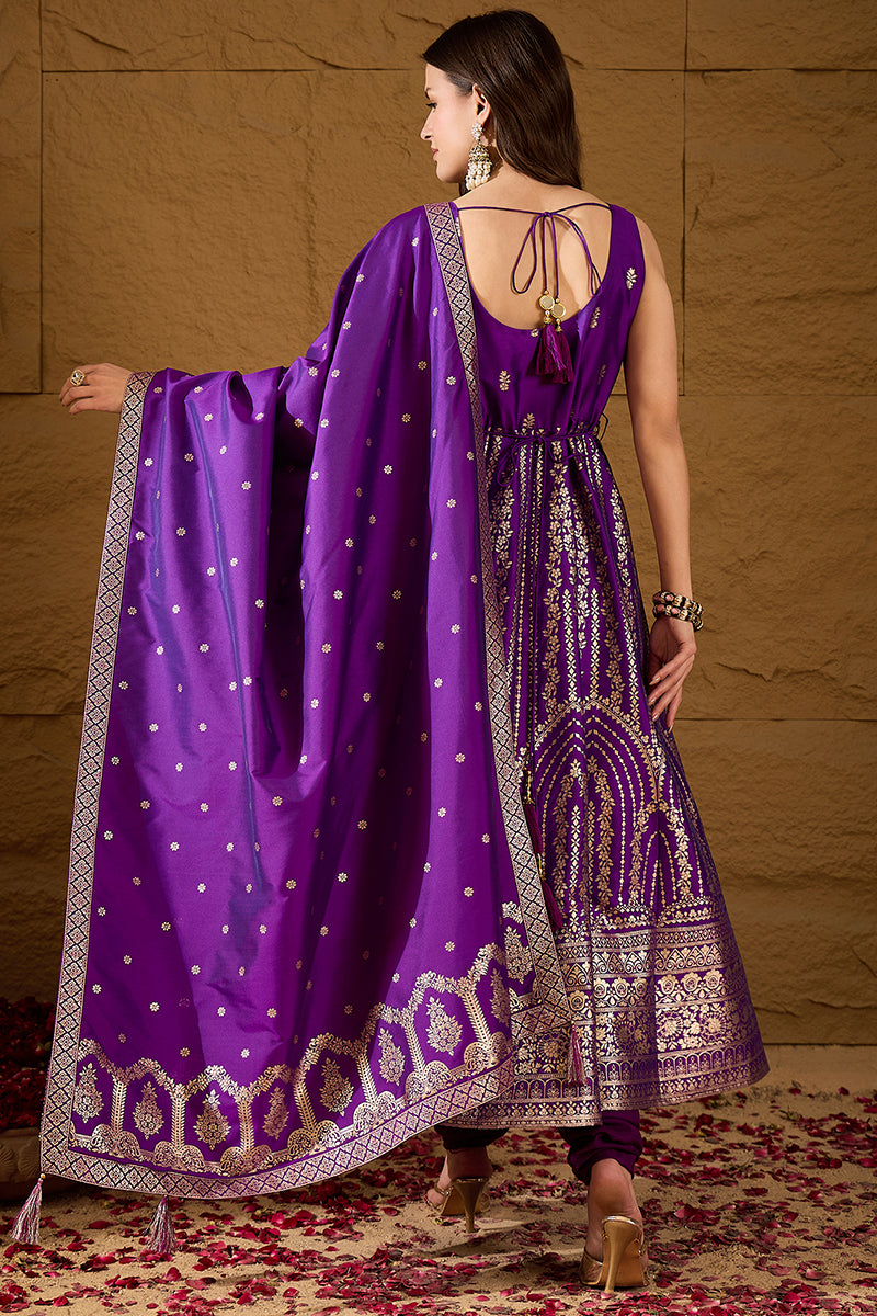 Purple Silk Blend Solid Woven Design Anarkali Kurta Trousers With Dupatta PKSKD3021