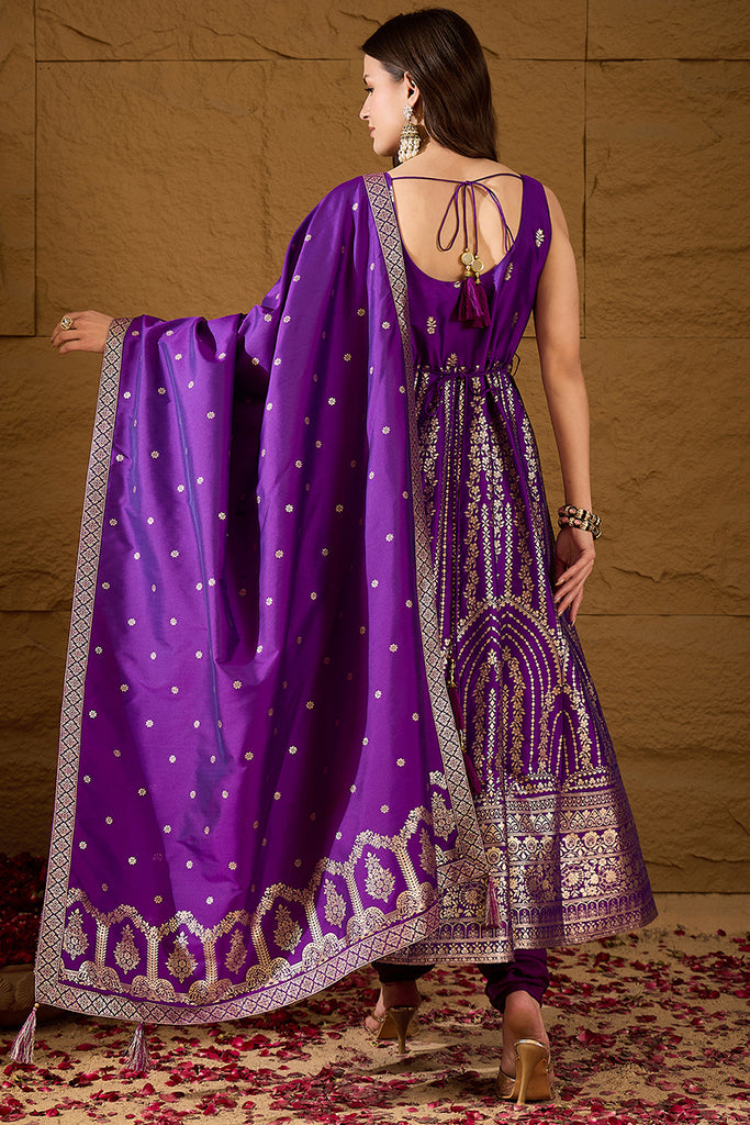 Purple Silk Blend Solid Woven Design Anarkali Kurta Trousers With Dupatta PKSKD3021
