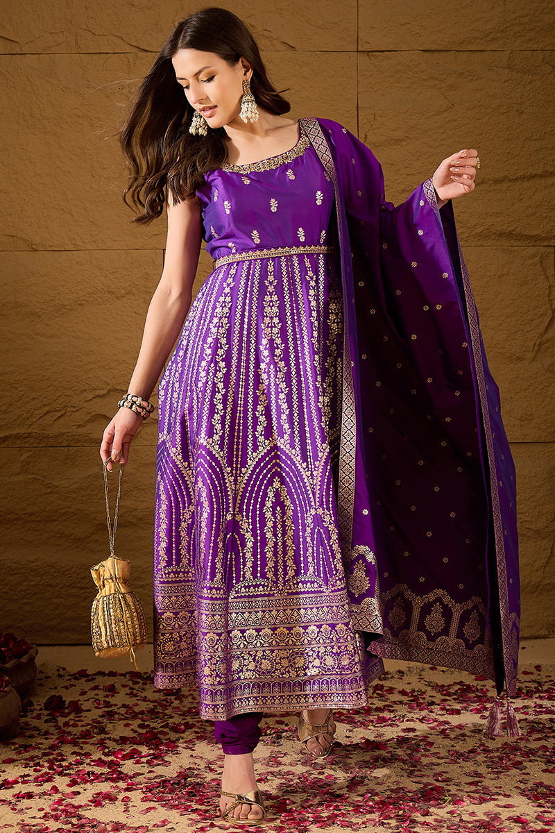 Purple Silk Blend Solid Woven Design Anarkali Kurta Trousers With Dupatta PKSKD3021